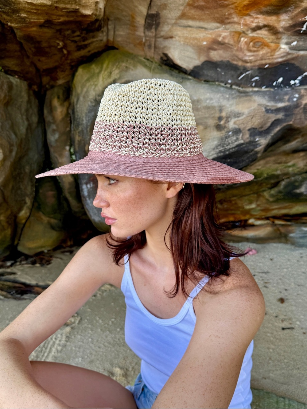 Two-Tone Crochet Straw Sun Hat - Pink and Cream